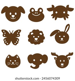 Explore 9 sleek animal silhouettes: cat, frog, deer, dog, elephant, crab, lion, butterfly, rabbit. Perfect for diverse graphic needs.