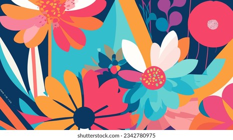 Explore abstract beauty with Geometric Floral vector pattern. Bright, geometric flowers on a clean canvas. Ideal for modern decor, prints, design. Editable-Customizable.