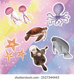 Explore adorable ocean creatures in vibrant, watercolor designs—perfect for stickers, scrapbooks, and decorations. Make your projects pop with these whimsical sea friends!