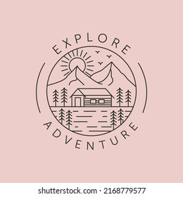 explorar la aventura y el logotipo de arte de línea de cabinas símbolo vectorial diseño