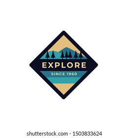 Explore and Adventure Forest camp labels emblem in vintage style with blue colour. outdoor mountain logo badge for adventure, explorer, camping and hiking logo patches.