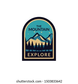 Explore and Adventure Forest camp labels emblem in vintage style with blue colour. outdoor mountain logo badge for adventure, explorer, camping and hiking logo patches.