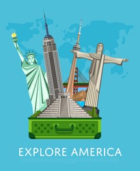 Explore America Banner With Empire State Building, Statue Of Liberty And Others Famous Architectural Attractions In Open Suitcase Vector Illustration. Time To Travel Concept. Travel Lifestyle