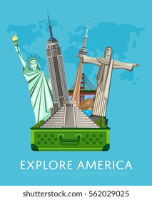 Explore America banner with Empire State Building, Statue of Liberty and others famous architectural attractions in open suitcase vector illustration. Time to travel concept. Travel lifestyle