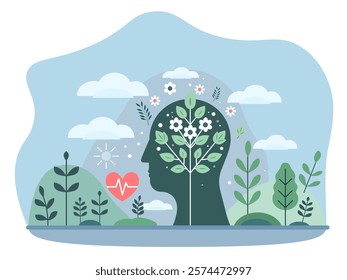 Explore the balance of mental health and nature with this calming illustration. Featuring a silhouette blooming with flowers, surrounded by greenery, symbolizing mindfulness, growth, and inner peace