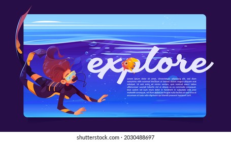 Explore banner with woman scuba diver and goldfish under water in sea or ocean. Vector poster with cartoon illustration of golden fish and girl in diving suit and mask swim underwater