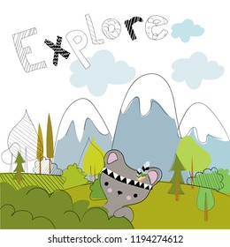 Explore. Bear hiding with indian war bonnet in bushes on mountain and forest landscape. Kid style hand drawn vector illustration for greeting/invitation card, nursery and  other design purposes.