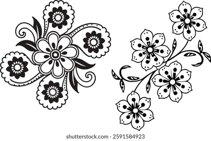 Explore a beautiful collection of black and white floral designs with intricate artistic details. These symmetrical mandalas are perfect for coloring pages, tattoo designs, digital art, meditation