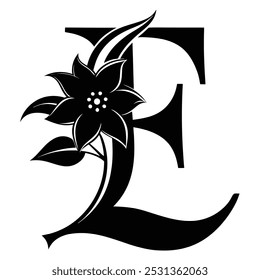 Explore uma bela ilustração vetorial da letra maiúscula E com detalhes florais. Ideal para logotipos, ícones, arte em linha, clipart e silhuetas para projetos criativos e decorativos.