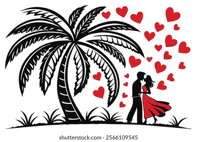 Explore a beautiful vector line art design of a Valentine coconut tree courting scene. This romantic tropical artwork features a couple under a palm tree, perfect for Valentine’s Day or tropical-theme