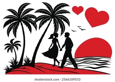 Explore a beautiful vector line art design of a Valentine coconut tree courting scene. This romantic tropical artwork features a couple under a palm tree, perfect for Valentine’s Day or tropical-theme