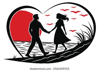 Explore a beautiful vector line art design of a Valentine coconut tree courting scene. This romantic tropical artwork features a couple under a palm tree, perfect for Valentine’s Day or tropical-theme