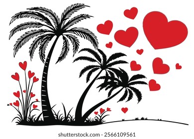 Explore a beautiful vector line art design of a Valentine coconut tree courting scene. This romantic tropical artwork features a couple under a palm tree, perfect for Valentine’s Day or tropical-theme