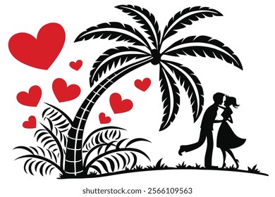 Explore a beautiful vector line art design of a Valentine coconut tree courting scene. This romantic tropical artwork features a couple under a palm tree, perfect for Valentine’s Day or tropical-theme