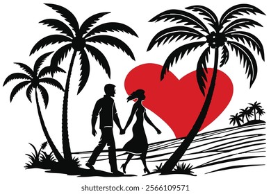 Explore a beautiful vector line art design of a Valentine coconut tree courting scene. This romantic tropical artwork features a couple under a palm tree, perfect for Valentine’s Day or tropical-theme