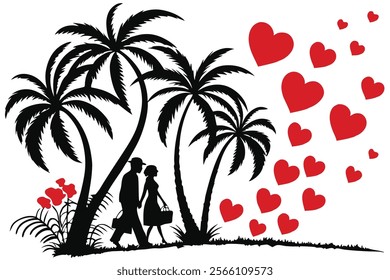 Explore a beautiful vector line art design of a Valentine coconut tree courting scene. This romantic tropical artwork features a couple under a palm tree, perfect for Valentine’s Day or tropical-theme