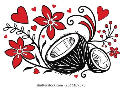 Explore a beautiful vector line art design of a Valentine coconut tree courting scene. This romantic tropical artwork features a couple under a palm tree, perfect for Valentine’s Day or tropical-theme