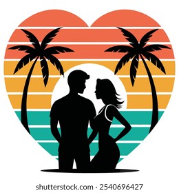 Explore a beleza do amor com este deslumbrante design de silhueta de romance à beira-mar. Este retro vintage line art apresenta um casal em um abraço íntimo, captando perfeitamente a essência.