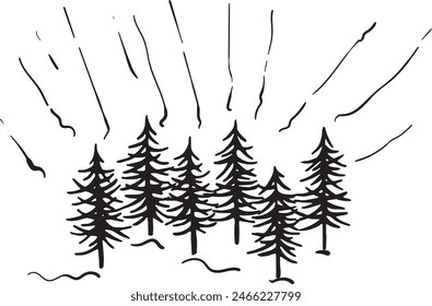 Entdecke die Schönheit der Natur mit dieser charmanten handgezeichneten Illustration eines Pinienwaldes. Dieses minimalistische Schwarz-Weiß-Design fängt die Essenz der Wildnis ein und macht sie perfekt