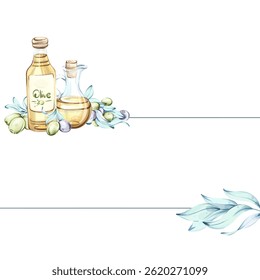Explore the beauty of olives and olive oil through watercolor illustrations frame, border, arrangement, inspired by Italian cuisine