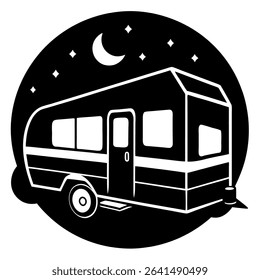 Explore the beauty of the outdoors with this striking black and white vector illustration featuring a camper trailer silhouetted against a mesmerizing moonlit night sky.