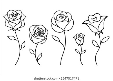 Explore a beleza da simplicidade com esta coleção de desenho de linha contínua de flor de rosa. Perfeito para designs modernos, decoração de casamento, padrões florais e arte digital.