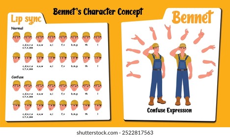 Explore "Bennet: Handyman Cartoon Creation", presentando un personaje en overol con herramientas y una variedad de expresiones confusas con sincronización de labios, gestos de mano y poses de pie.