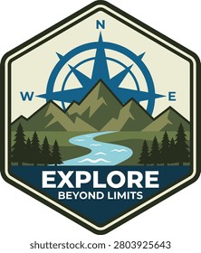 Explore beyond limits hexagon adventure badge with compass rose and mountain river
