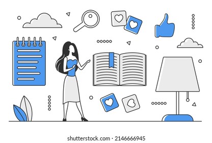 Explore book information and knowledge. Learning materials and educational process vector monocolor illustration