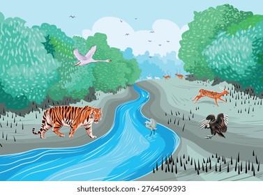 Explore the breathtaking beauty of the world's largest mangrove forest with this detailed vector illustration of the Sundarbans. This artwork captures a vibrant ecosystem where the majestic Royal Bengal Tiger roams alongside spotted deer near a winding river stream. The scene is filled with lush green mangroves, soaring birds, and a serene atmosphere that highlights the importance of wildlife conservation and environmental protection.

This fully editable EPS vector is an exceptional resource for Earth Day campaigns, educational materials on biodiversity, environmental awareness posters, and travel brochures featuring South Asian heritage. The illustration includes key elements of the forest such as the unique aerial roots (pneumatophores) of mangrove trees and a variety of bird species, making it both scientifically relevant and artistically compelling.

Designed for versatility, this high-resolution illustration is perfect for digital banners, website backgrounds, educational textbooks, and social media posts aimed at promoting sustainability and nature preservation. The clear composition and professional color palette ensure that your design stands out while conveying a powerful message about protecting our planet's natural habitats.

Wildlife of Sundarbans Mangrove Forest Vector Illustration - Royal Bengal Tiger and Deer in Natural Habitat for Earth Day and Environment Conservation.