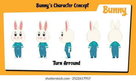 Explore the Bunny turnaround sheet, showcasing this cute rabbit cartoon character from multiple angles. Ideal for animation and design projects, this vector offers endless creative possibilities!