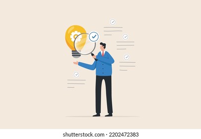 Explore business ideas. Examine potential startup ideas to implement.  Startup Ideas to Make  Money.  Businessman checks light bulb concept and approves.