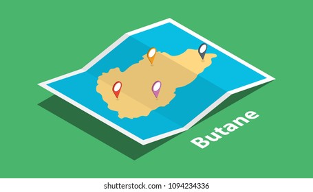 explore butane maps with isometric style and pin marker location tag on top vector illustration