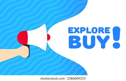 Explorar el signo de compra. Plano, azul, texto de un megáfono, explorar el signo de compra. Icono de vector
