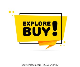 Explore buy sign. Flat, yellow, explore buy sign, lightning shape, explore buy. Vector icon