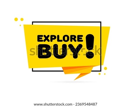 Explore buy sign. Flat, yellow, explore buy sign, lightning shape, explore buy. Vector icon