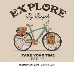 Explore by bicycle vector t shirt design. Cycle graphic print artwork for apparel, t shirt, sticker, poster, wallpaper and others. Road cycling desert road trip artwork.