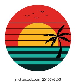 Explore a beleza cativante de uma eterna silhueta do pôr do sol em um fundo vintage retrô. Este design de arte de linha apresenta um ícone minimalista perfeito para logotipos, clipart,