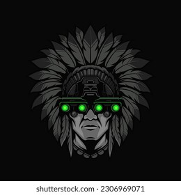 Explore the captivating fusion of ancient traditions and modern technology with this vector illustration of Indian chief in stealth mode wearing night vision goggles.