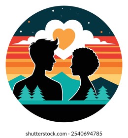 Explore uma cativante silhueta de arte de linha representando o amor sob o céu, situado contra um fundo vintage retrô. Este ícone versátil clipart captura a essência do romance e nostalgia,