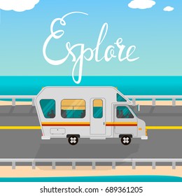 Explore card. Hand drawn positive quote. Modern brush calligraphy. Hand drawn lettering background. Road to the beach