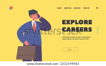 Explore Career Landing Page Template. Kid Businessman with Briefcase Speaking by Mobile Phone. Little Boy Character in Formal Suit, Business Man Profession, Job. Cartoon People Vector Illustration