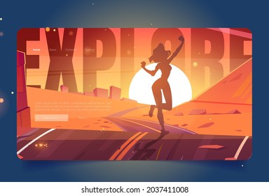 Explore cartoon landing page, happy woman enjoy travel, posing girl silhouette on sunset scenery background with highway going into dusk sun. Tourist or traveler adventure, journey, vector web banner