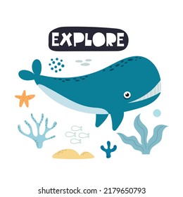 Explora. ballena de dibujos animados, letras de dibujos a mano. ilustración vectorial colorida, estilo plano. Diseño de bebé para tarjetas, impresiones, carteles, logotipo, cubierta