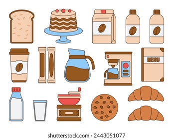 Explore a charming assortment of food and drink icons, ideal for a Coffee Shop Menu Illustration.