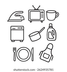 Explore a charming collection of hand drawn household and cleaning icons in a minimalist black ink doodle style.