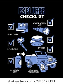 explore cheklist , adventure , jeep graphic for tshirt and other print 