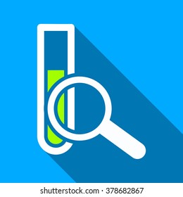 Explore Chemical Test long shadow vector icon. Style is a flat light symbol with rounded angles on a blue square background.