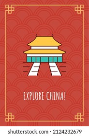 Explorar la tarjeta de felicitación de China con el conjunto de elementos de iconos de color. Enviar tarjeta de viaje. Diseño vectorial de postales. Volante decorativo con ilustración creativa. Notecard con mensaje de felicitación en rojo