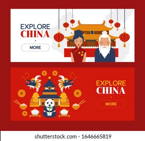 Explore China vector illustration for travel banner design with ancient Chinese landmark, traditional temple of Asia. Background with famous asian architecture, elder, Chinese woman for trip poster.